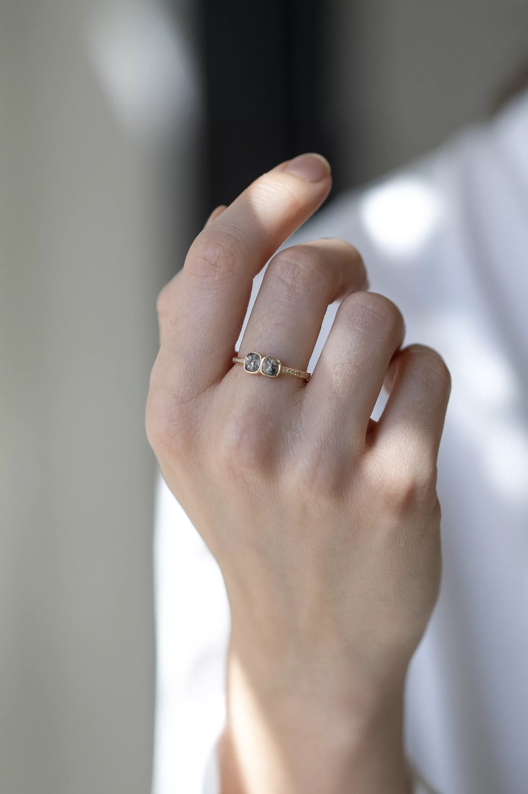 Yellow gold ring two cushion grey diamonds pavé diamond band Celine Daoust