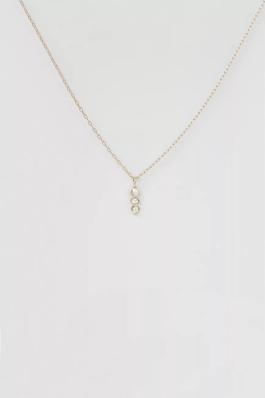 Yellow gold necklace three rosecut diamonds linear pendant delicate chain Celine Daoust