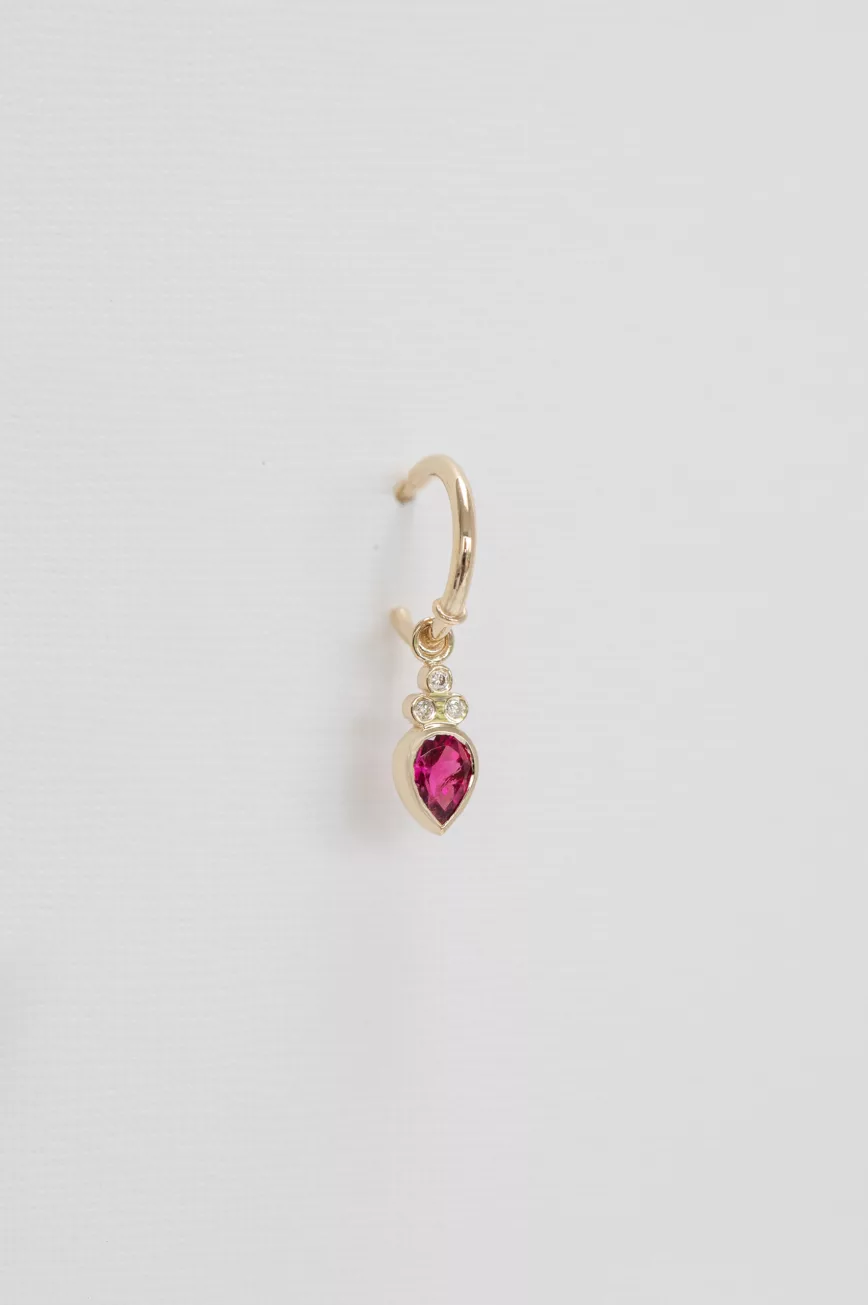 Yellow gold single hoop earring pear dark pink tourmaline diamond accent drop Celine Daoust