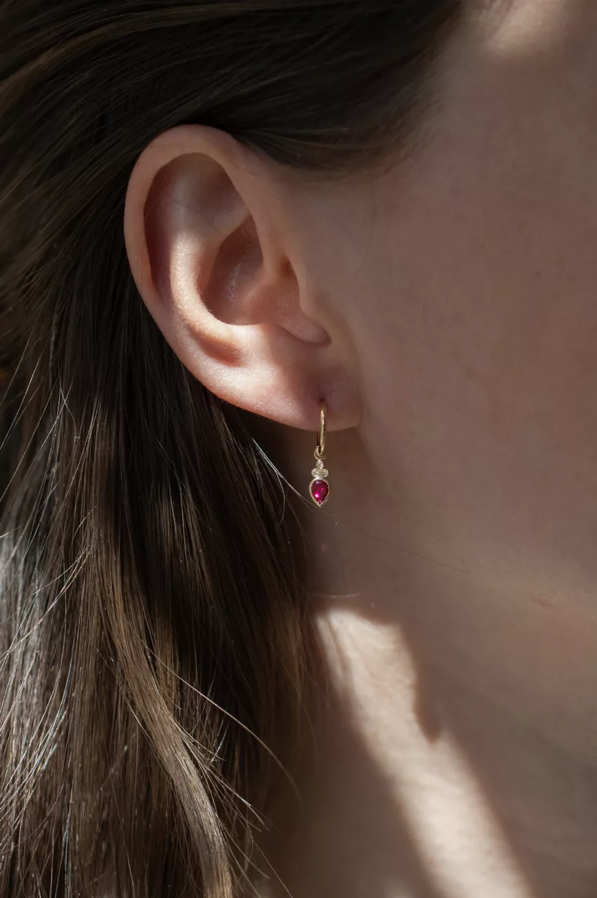 Yellow gold single hoop earring pear dark pink tourmaline diamond accent drop Celine Daoust