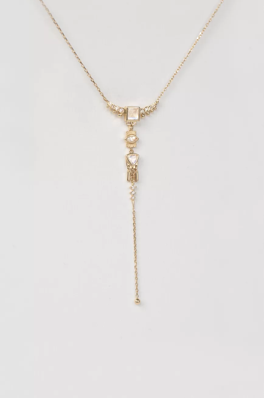 Yellow gold lariat necklace diamond totem charms moonstone drop chain Celine Daoust