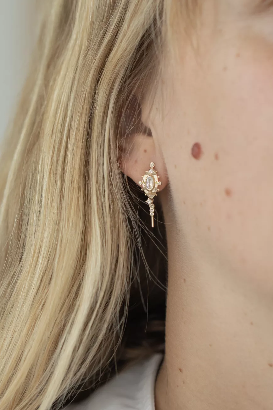 Yellow gold single drop earring oval moonstone diamond square accent spike drop Celine Daoust
