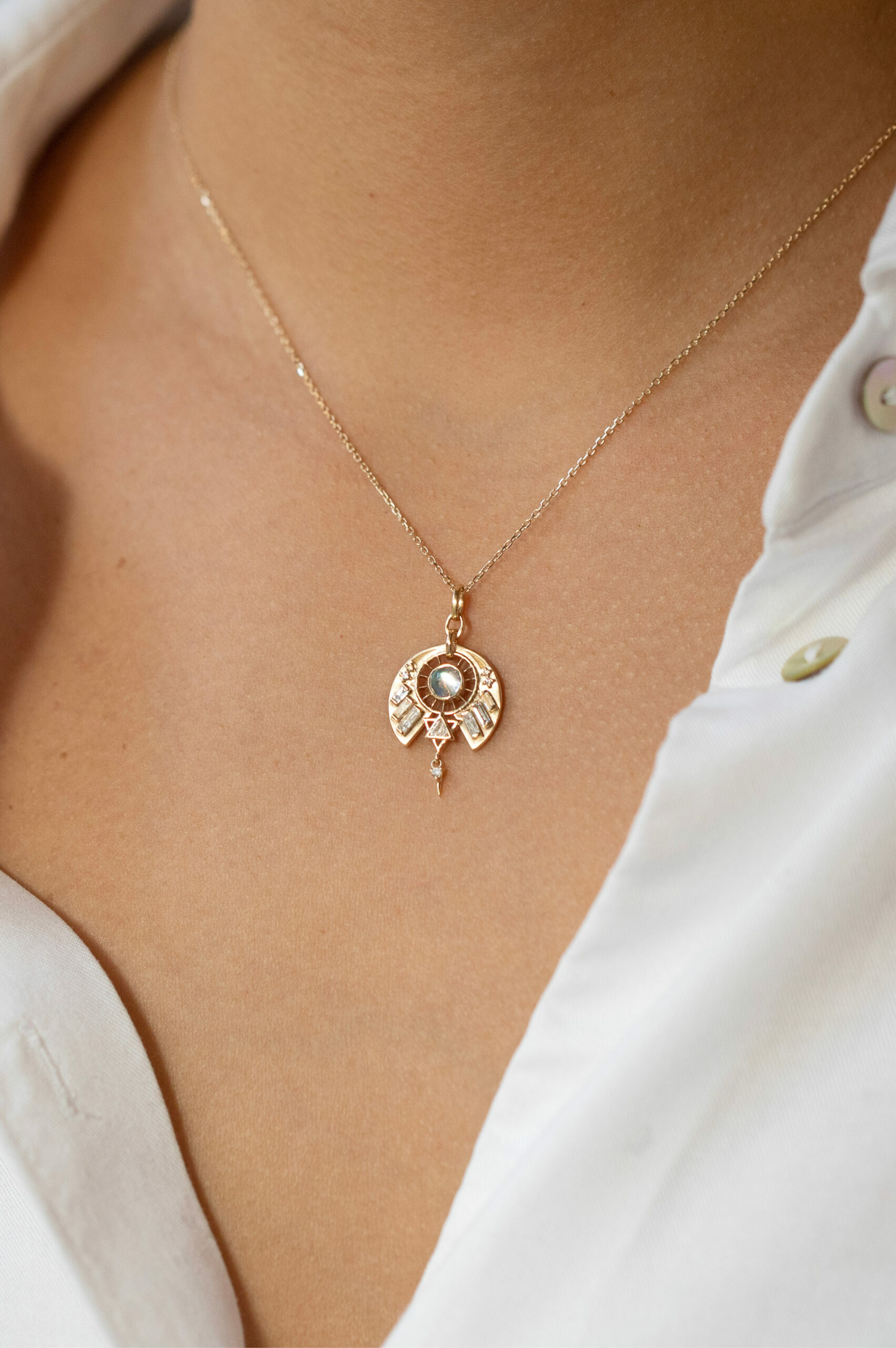 Yellow gold necklace open half-moon pendant moonstone triangle baguette diamond Celine Daoust