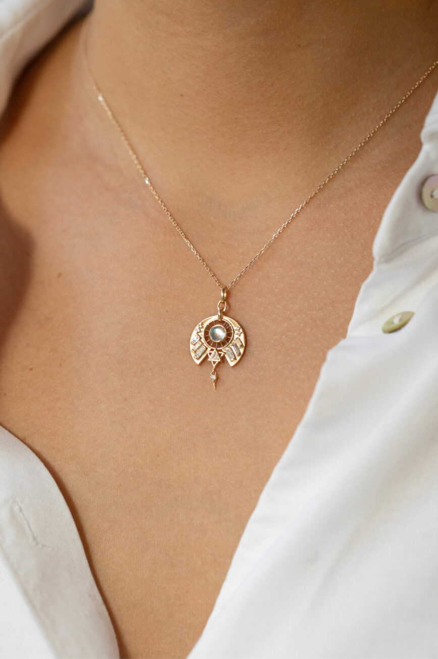 Yellow gold necklace open half-moon pendant moonstone triangle baguette diamond Celine Daoust