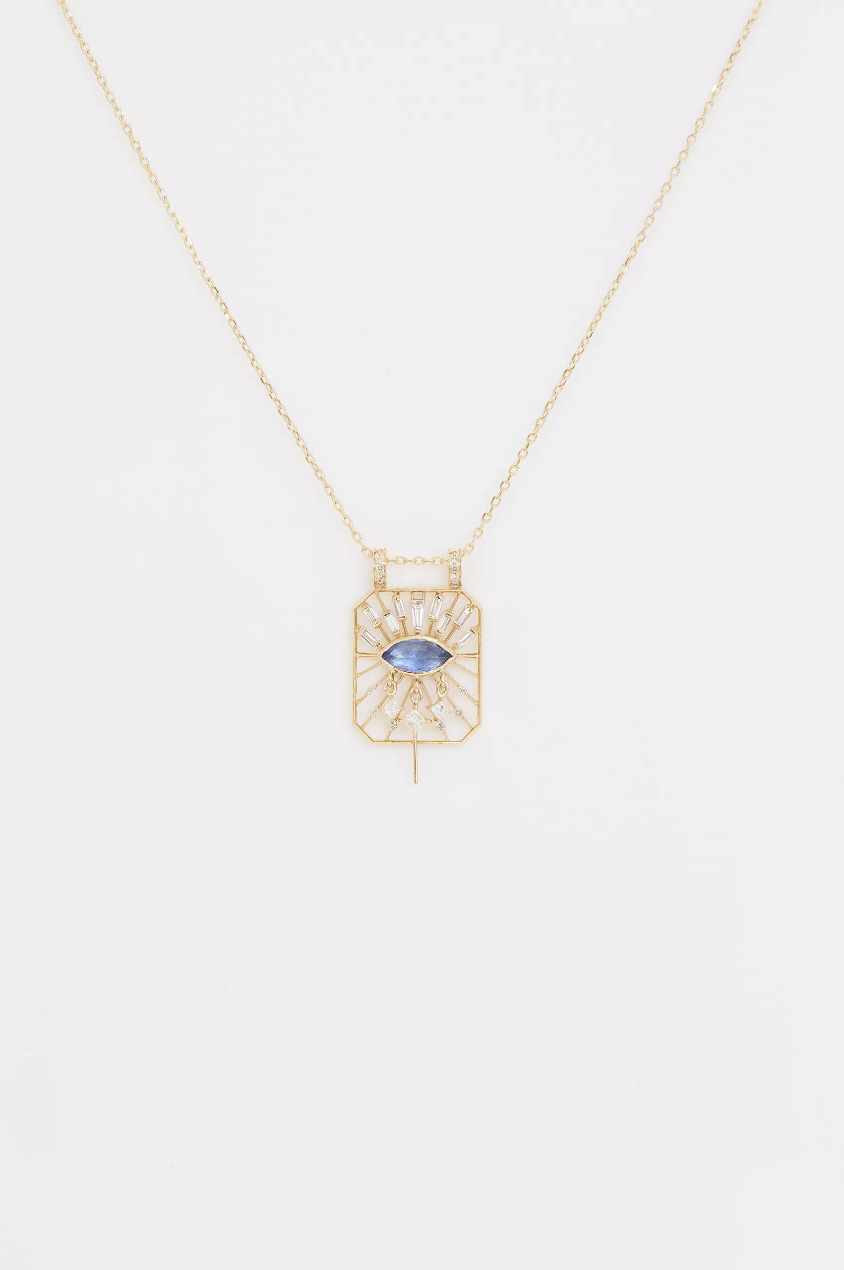 Yellow gold necklace open rectangle pendant marquise tanzanite eye diamond motif Celine Daoust