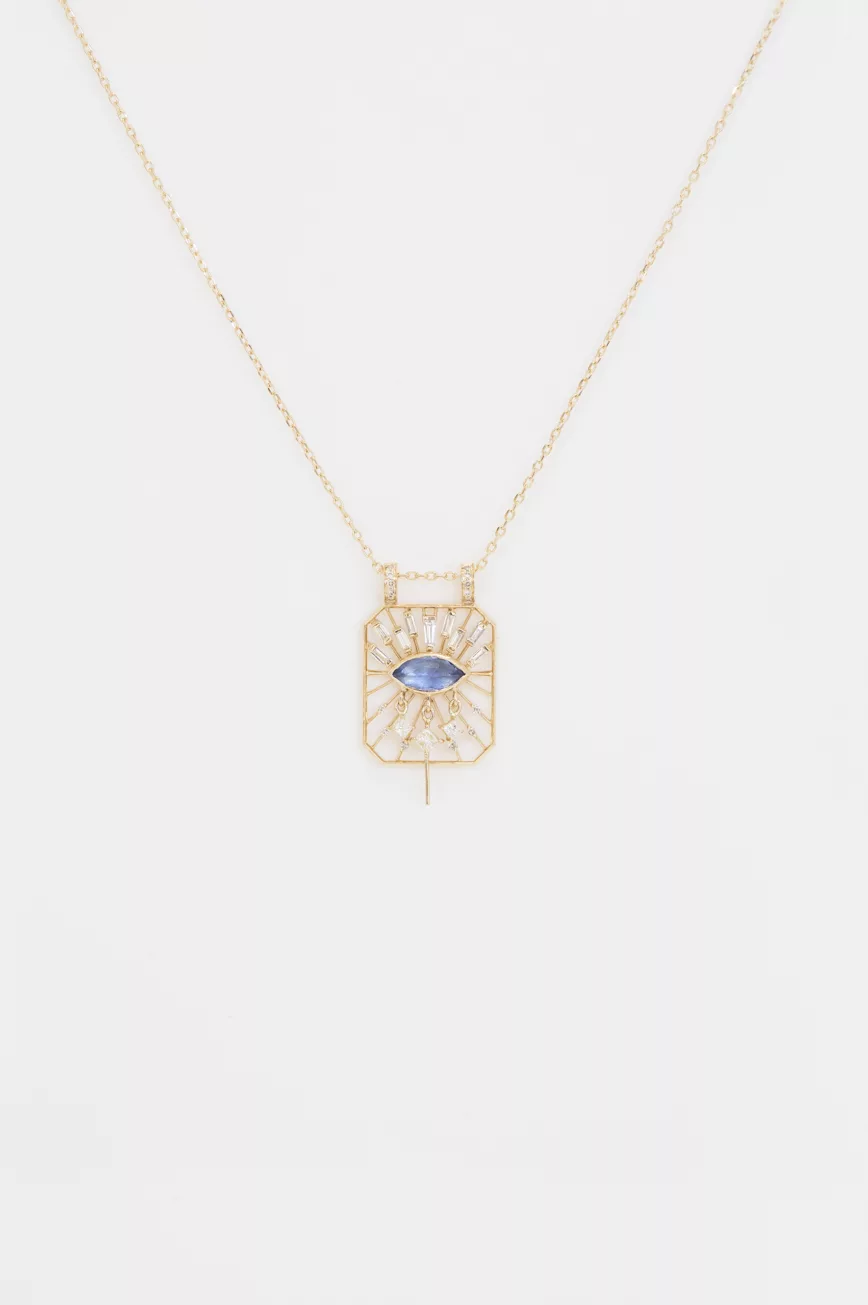 Yellow gold necklace open rectangle pendant marquise tanzanite eye diamond motif Celine Daoust