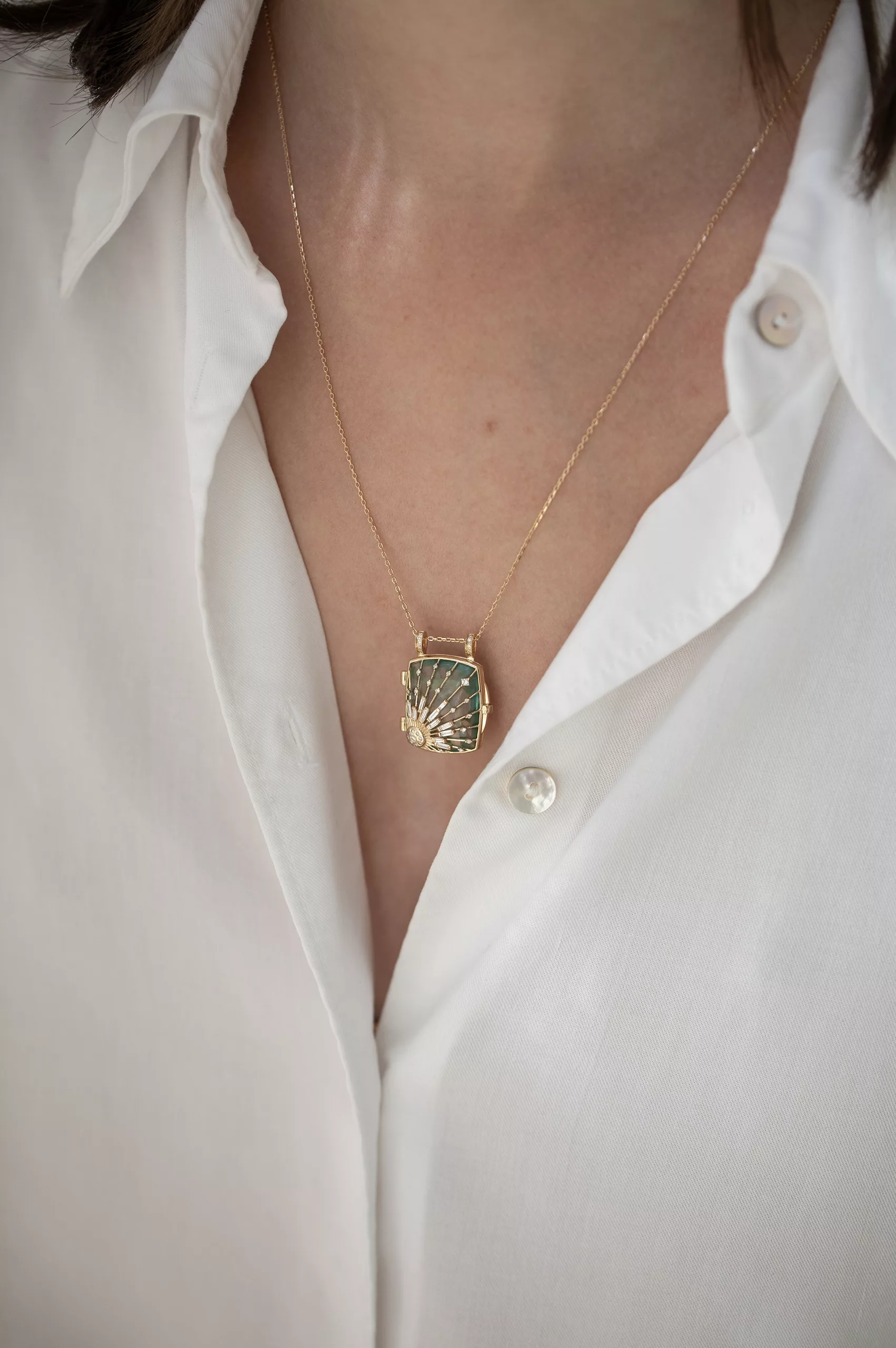 Yellow gold necklace square fluorite locket pendant engraved sun diamond accents chain Celine Daoust