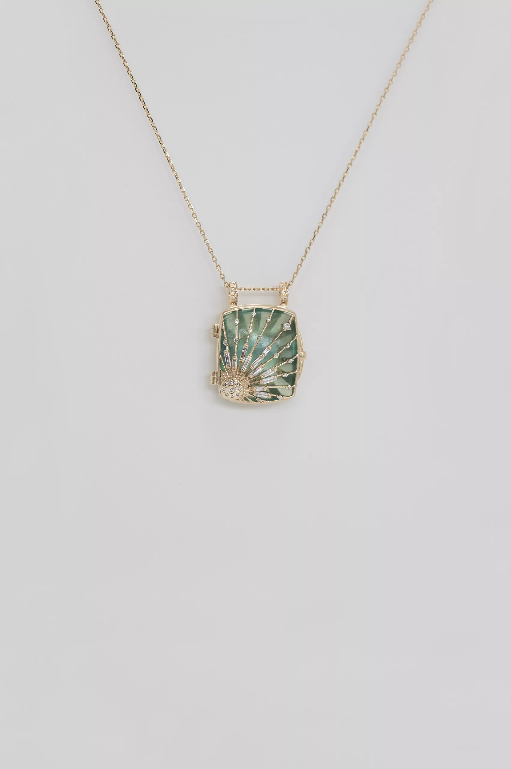 Yellow gold necklace square fluorite locket pendant engraved sun diamond accents chain Celine Daoust