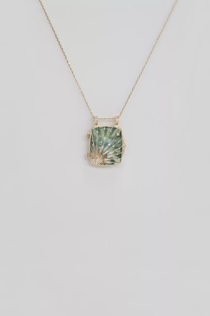 Yellow gold necklace square fluorite locket pendant engraved sun diamond accents chain Celine Daoust