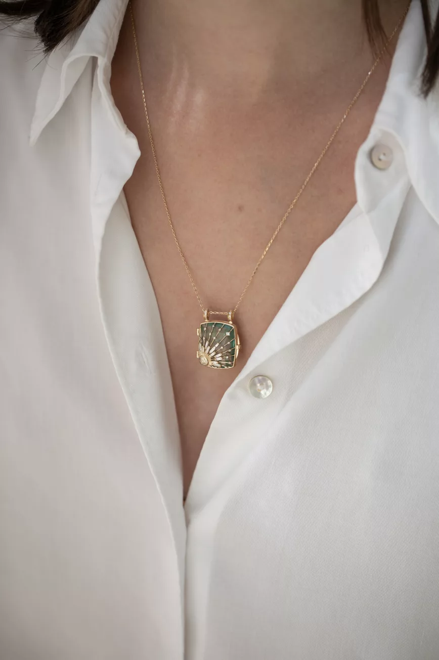 Yellow gold necklace square fluorite locket pendant engraved sun diamond accents chain Celine Daoust