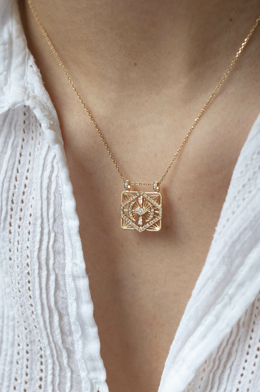 Gold necklace open rectangle pendant diamond losange moon motifs Celine Daoust