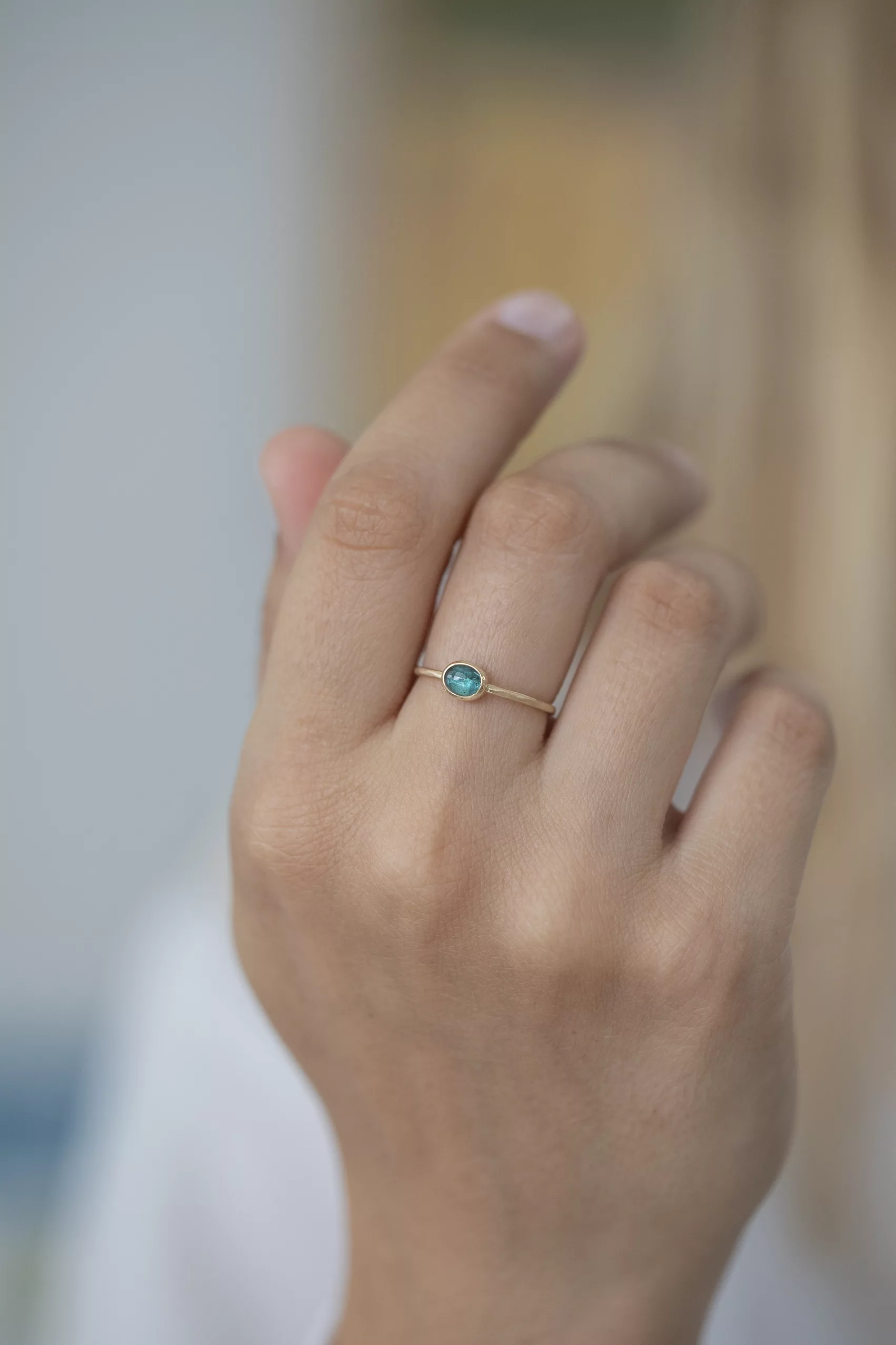 Yellow gold ring oval turquoise tourmaline cabochon open bezel slim band Celine Daoust