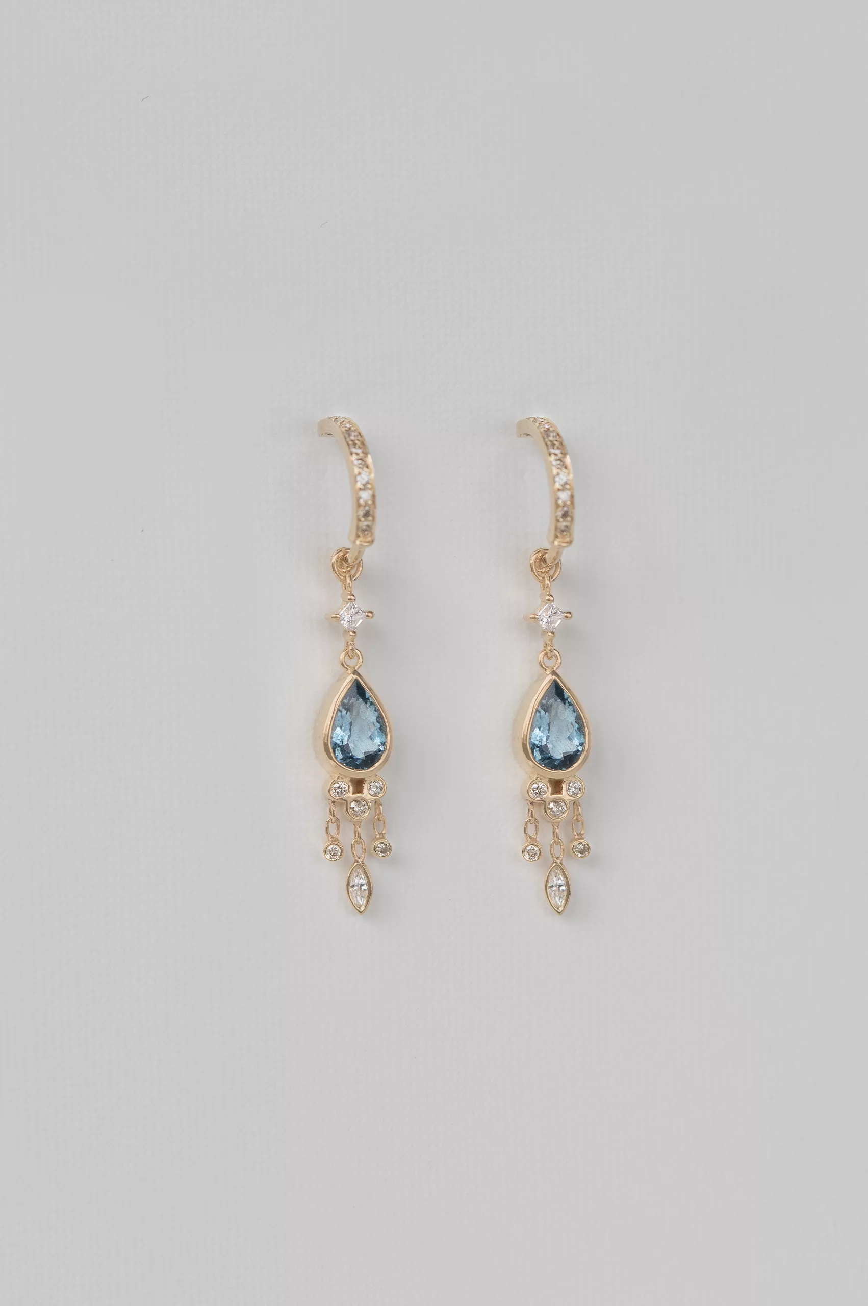 Yellow gold hoop earrings pear aquamarine dangling diamond drops pair Celine Daoust