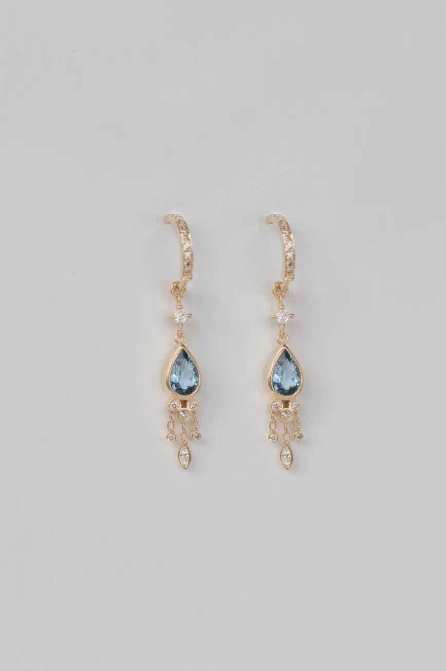 Yellow gold hoop earrings pear aquamarine dangling diamond drops pair Celine Daoust