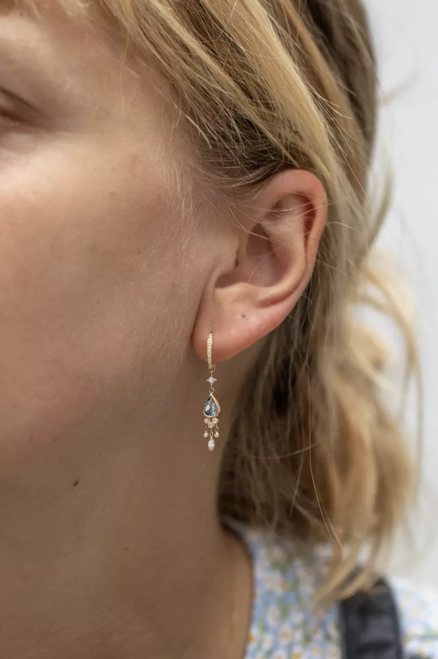 Yellow gold hoop earrings pear aquamarine dangling diamond drops pair Celine Daoust