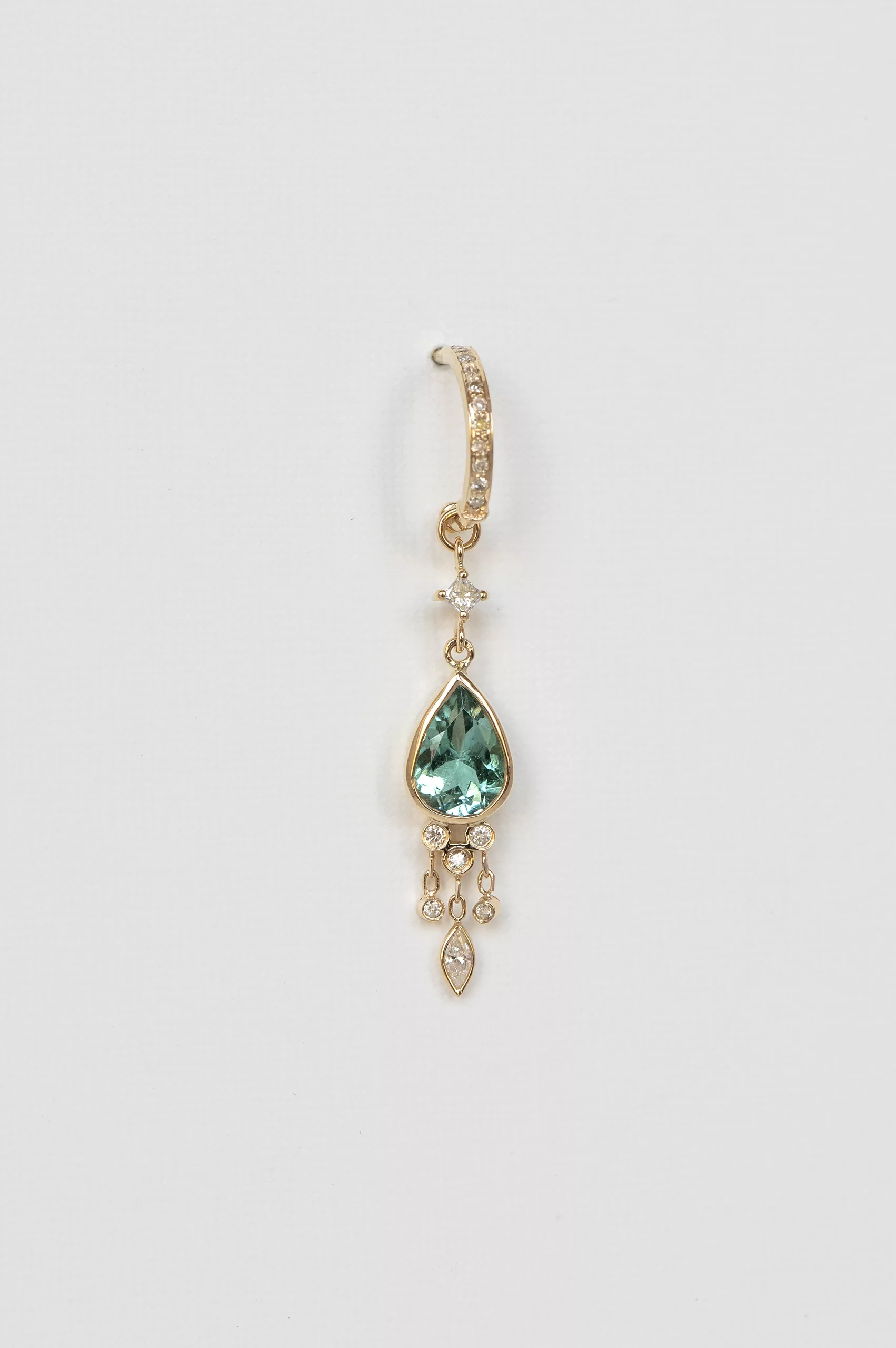 Yellow gold single hoop earring pear turquoise tourmaline dangling diamond drops Celine Daoust