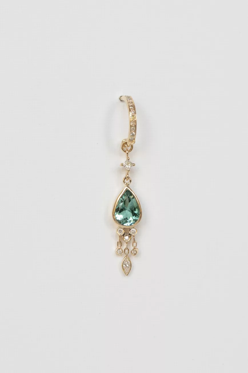 Yellow gold single hoop earring pear turquoise tourmaline dangling diamond drops Celine Daoust