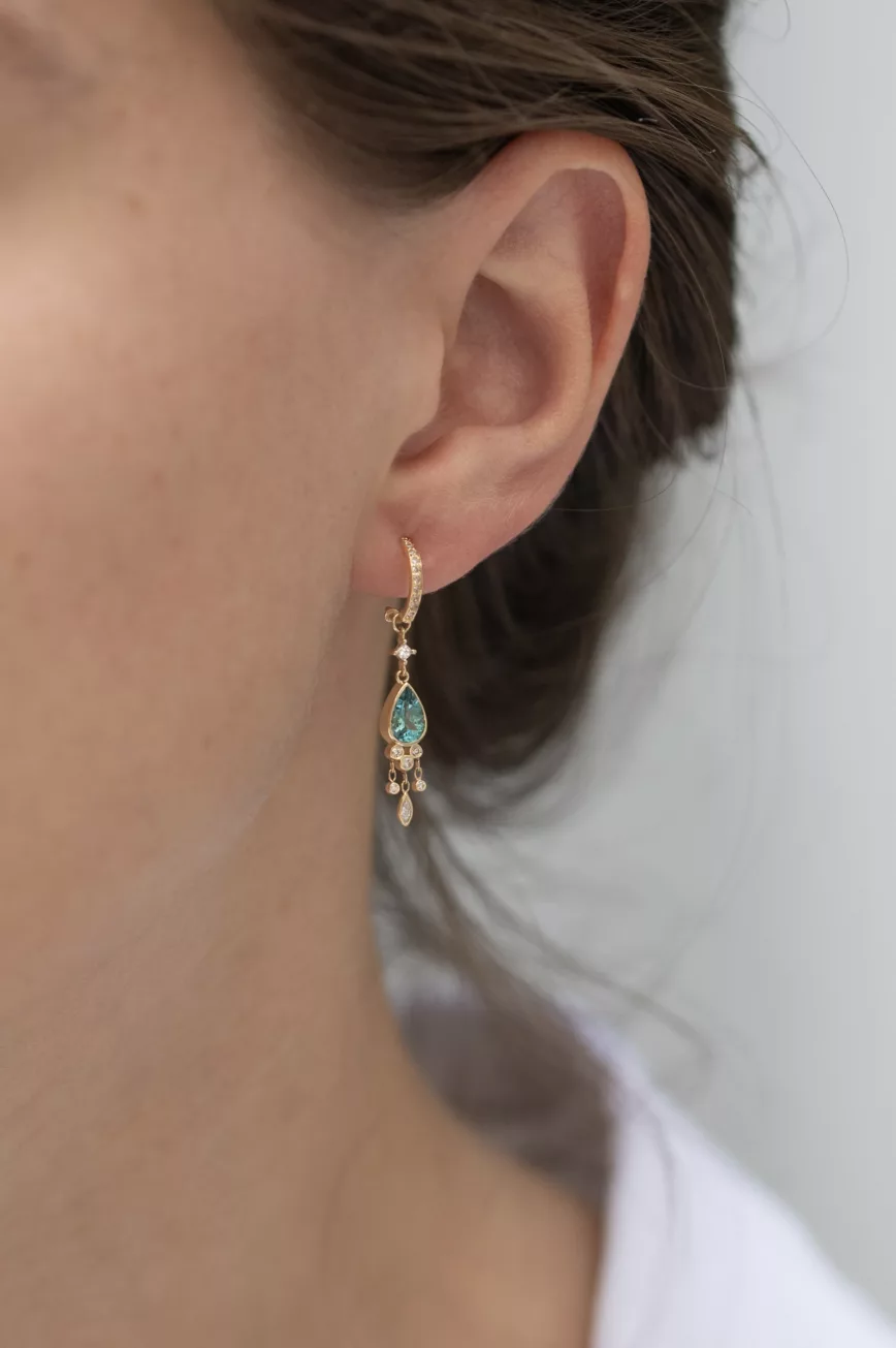 Yellow gold single hoop earring pear turquoise tourmaline dangling diamond drops Celine Daoust