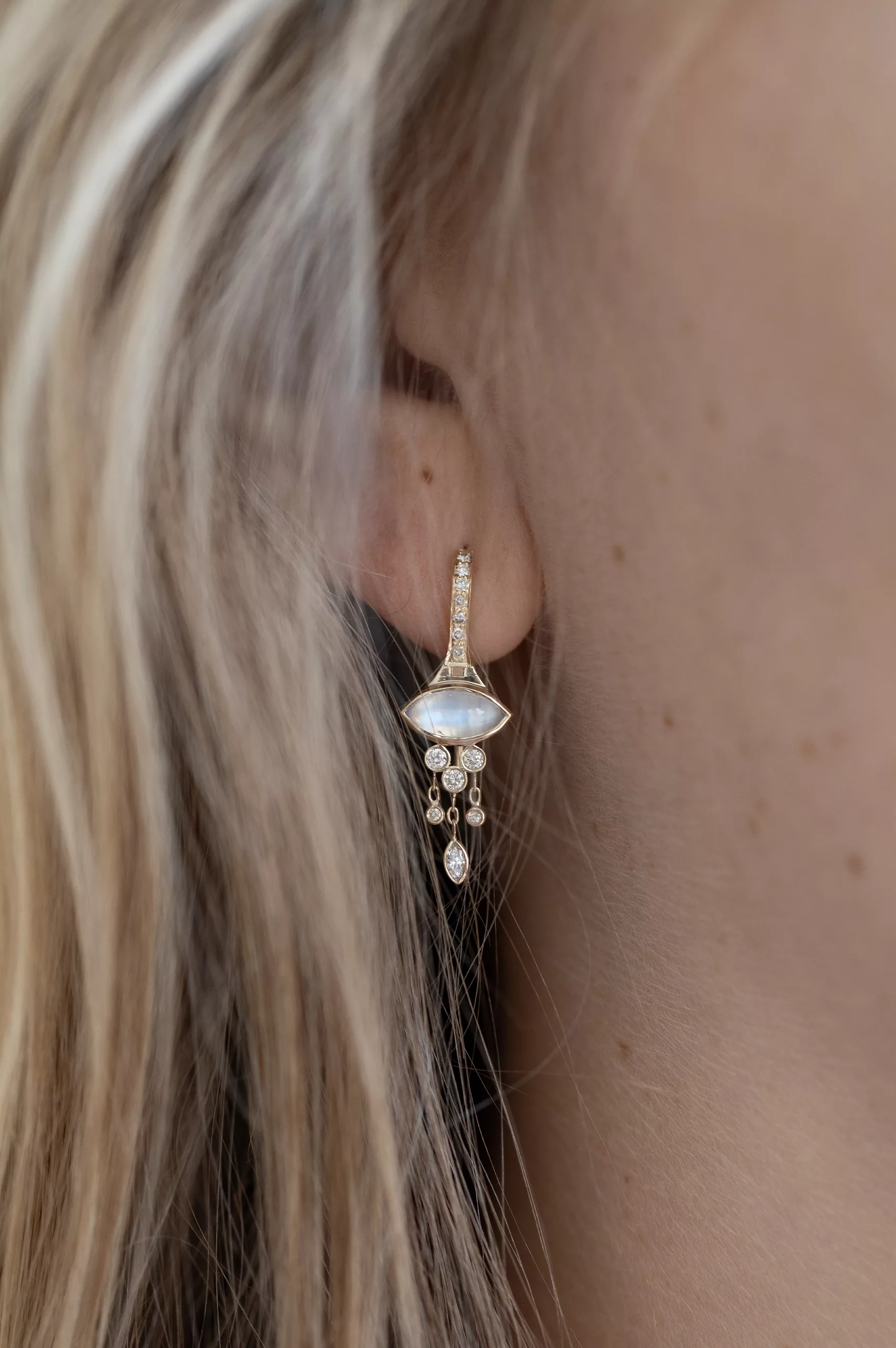 Gold ear cuff drop earring marquise moonstone diamond accents Céline Daoust