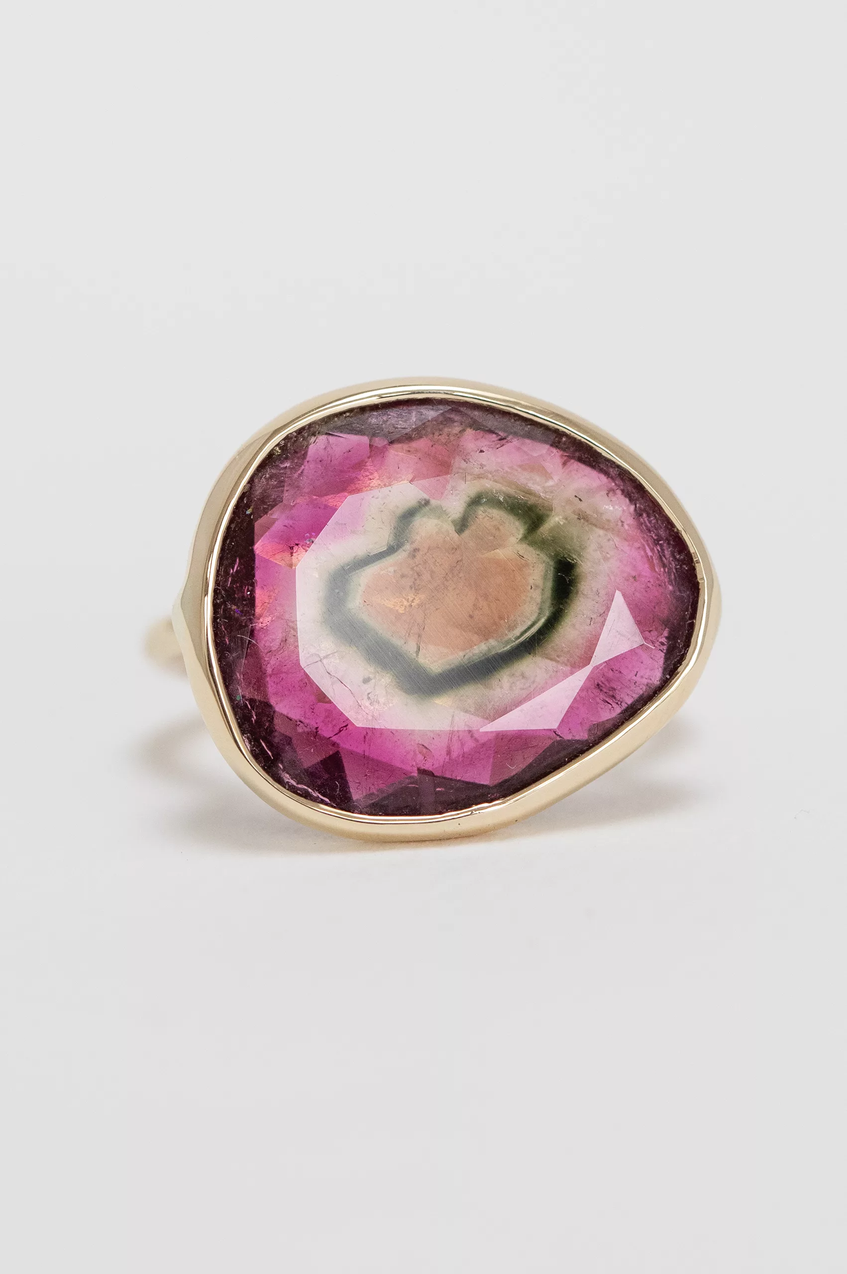 Yellow gold ring large freeform watermelon tourmaline open bezel slim band Celine Daoust