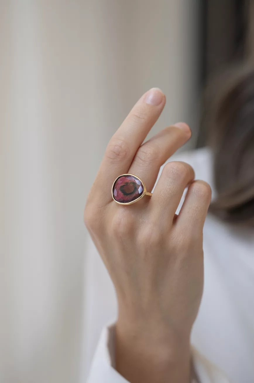 Yellow gold ring large freeform watermelon tourmaline open bezel slim band Celine Daoust