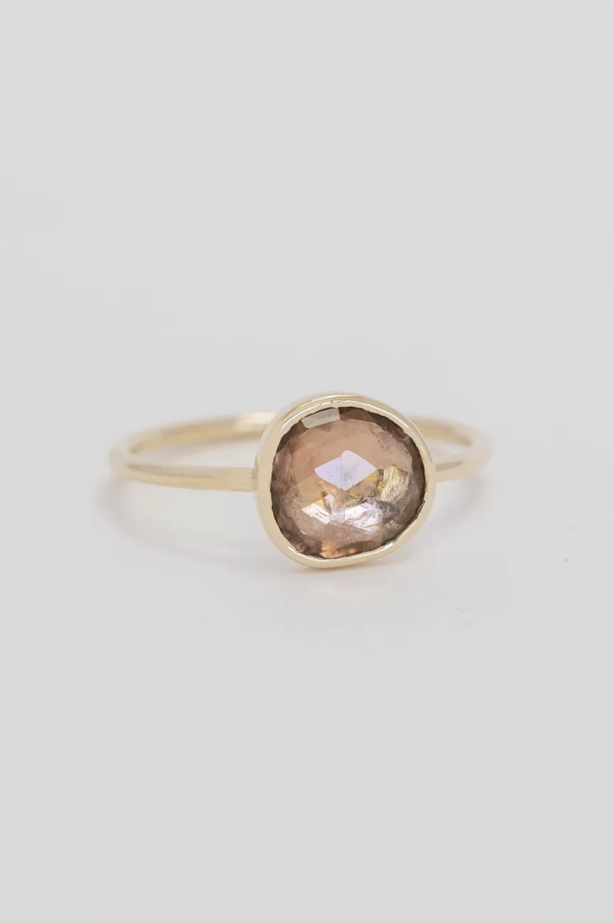 Yellow gold ring large round light pink tourmaline open bezel slim band Celine Daoust
