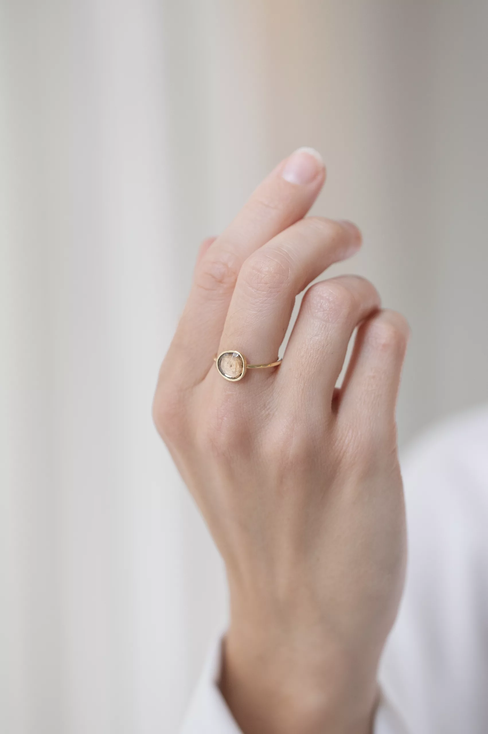 Yellow gold ring large round light pink tourmaline open bezel slim band Celine Daoust