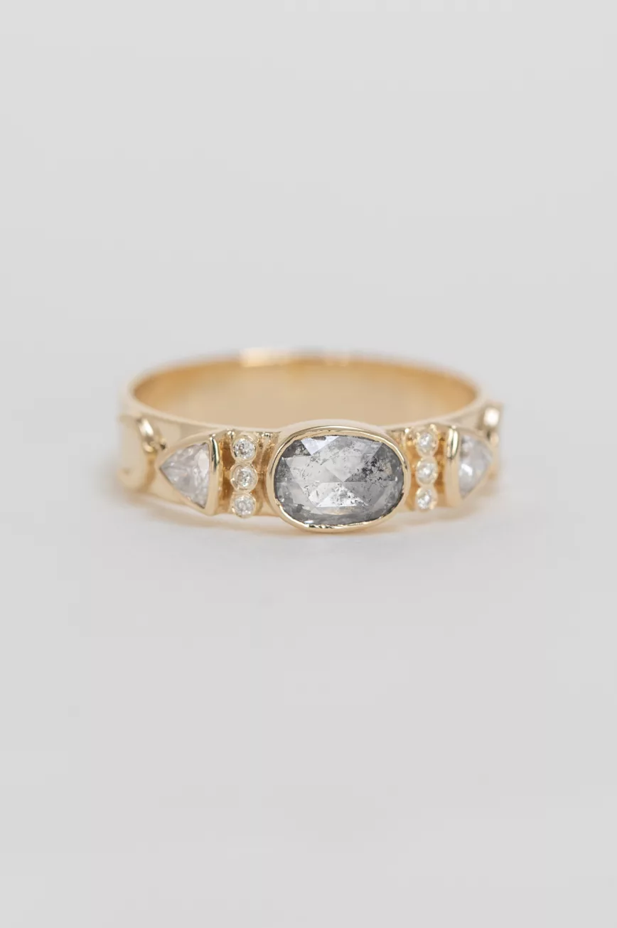 Yellow gold wide band ring oval grey diamond triangle diamond totem accents Celine Daoust
