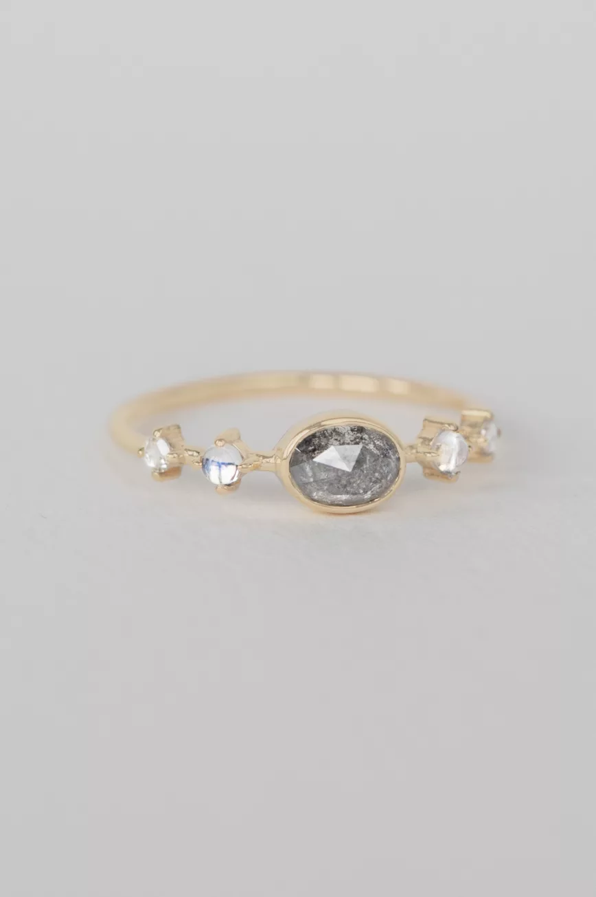 Yellow gold ring oval grey diamond moonstone marquise diamond accents Celine Daoust