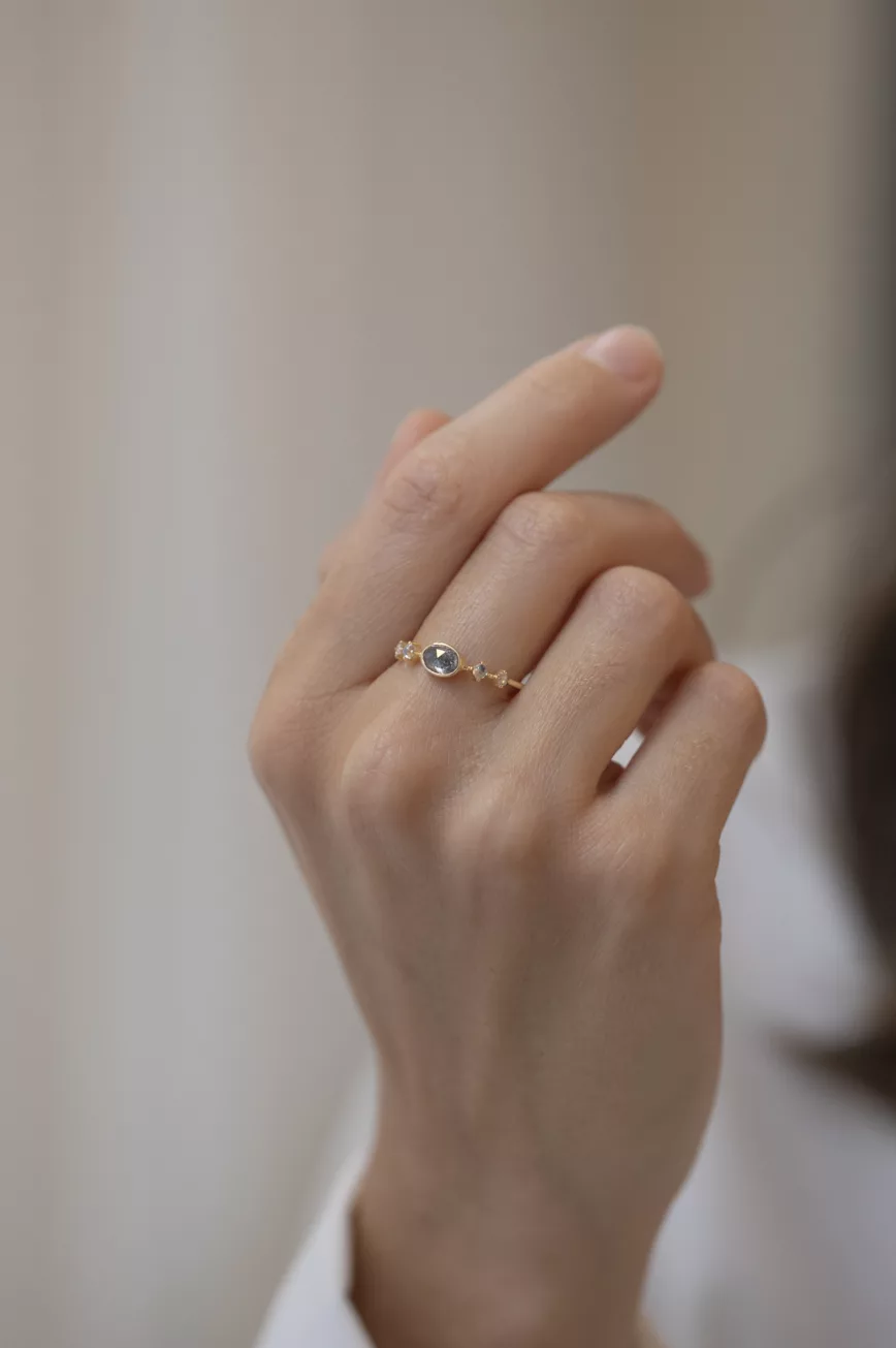 Yellow gold ring oval grey diamond moonstone marquise diamond accents Celine Daoust