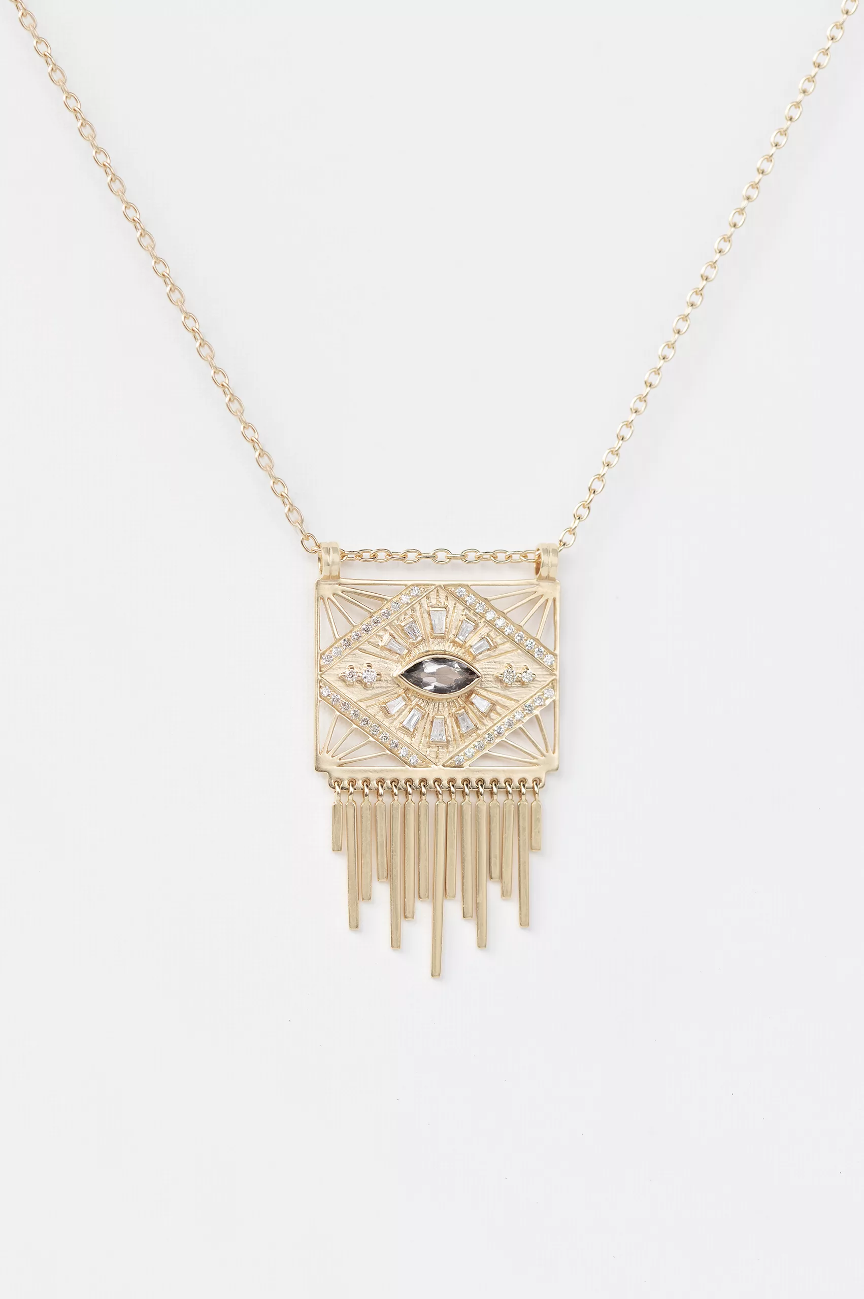 Yellow gold necklace solid plate pendant marquise ocre tourmaline diamond eye fringe Celine Daoust