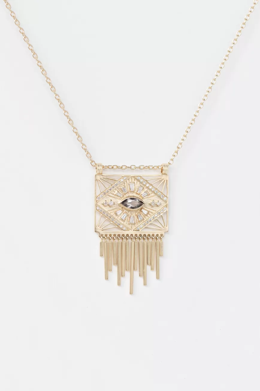 Yellow gold necklace solid plate pendant marquise ocre tourmaline diamond eye fringe Celine Daoust