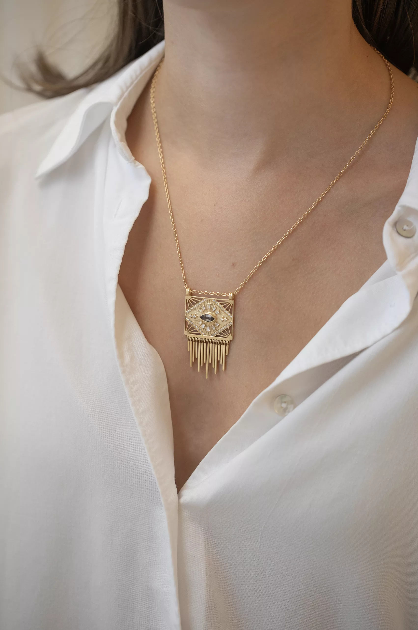 Yellow gold necklace solid plate pendant marquise ocre tourmaline diamond eye fringe Celine Daoust