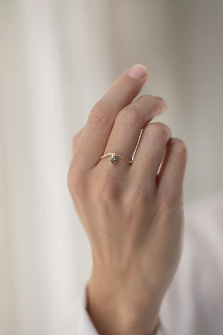 Gold wave ring pear blue tourmaline pavé diamond band Céline Daoust