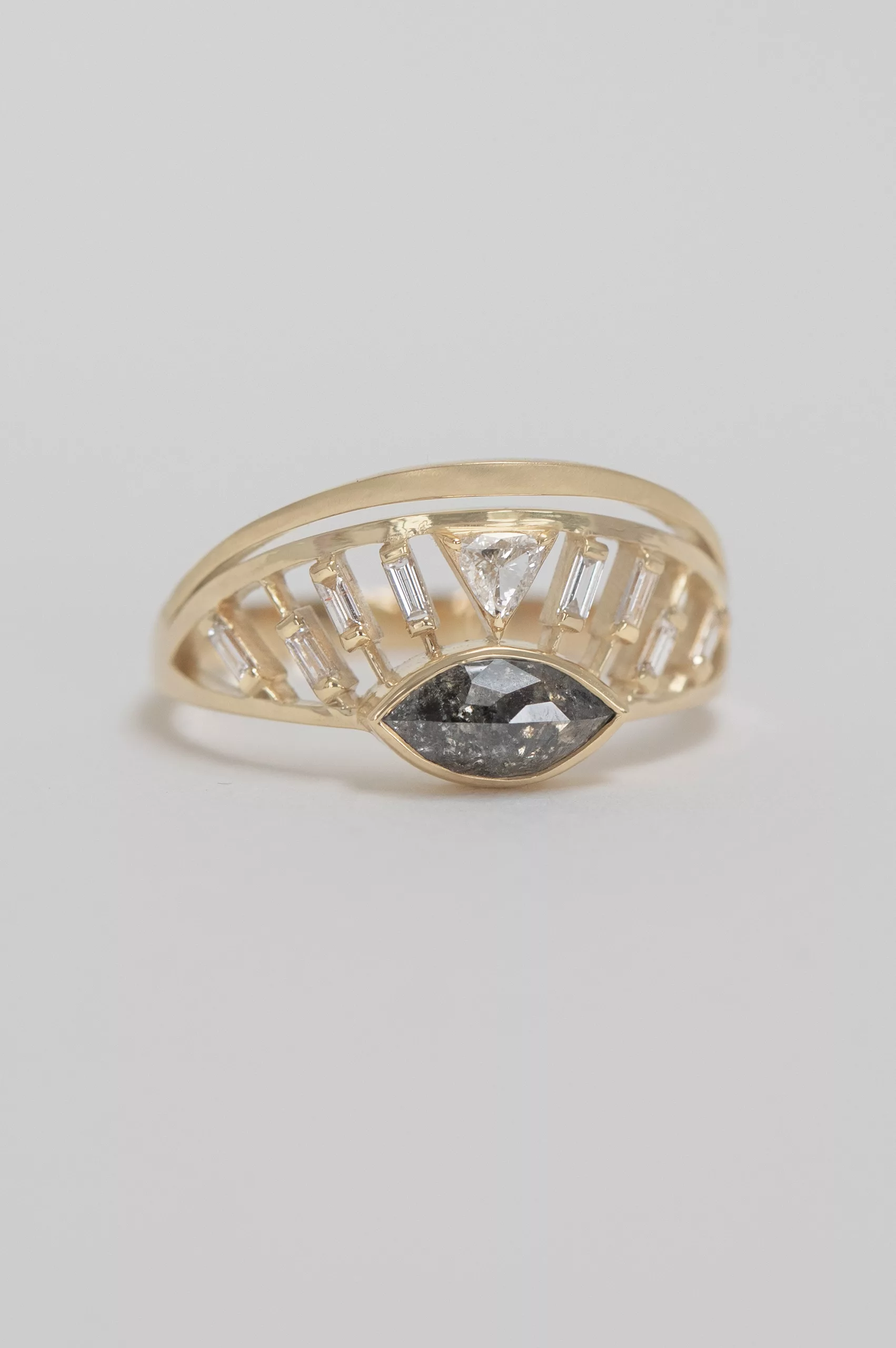 Yellow gold open ring marquise grey diamond baguette diamond crown motif Celine Daoust