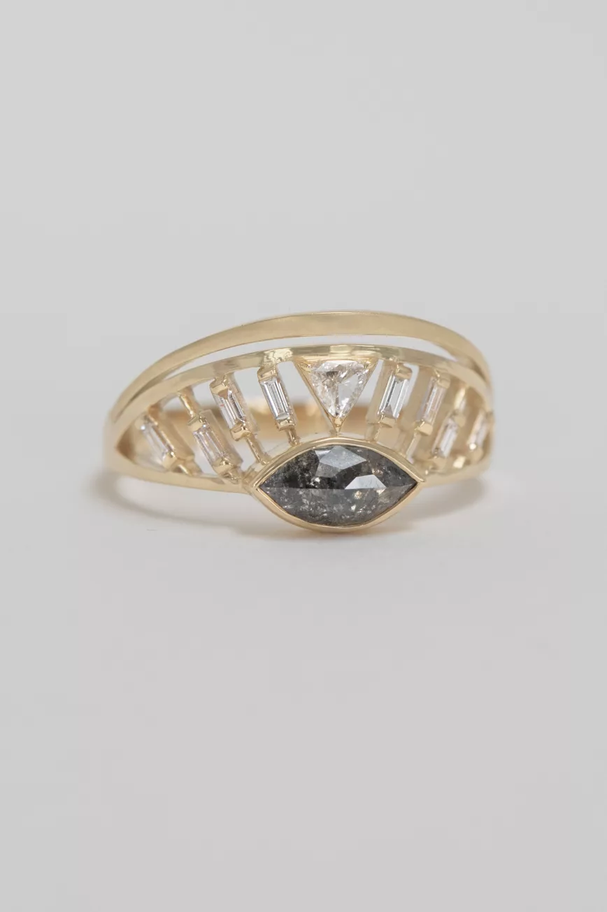 Yellow gold open ring marquise grey diamond baguette diamond crown motif Celine Daoust