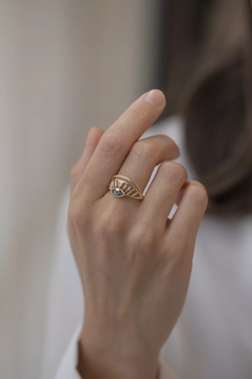 Yellow gold open ring marquise grey diamond baguette diamond crown motif Celine Daoust