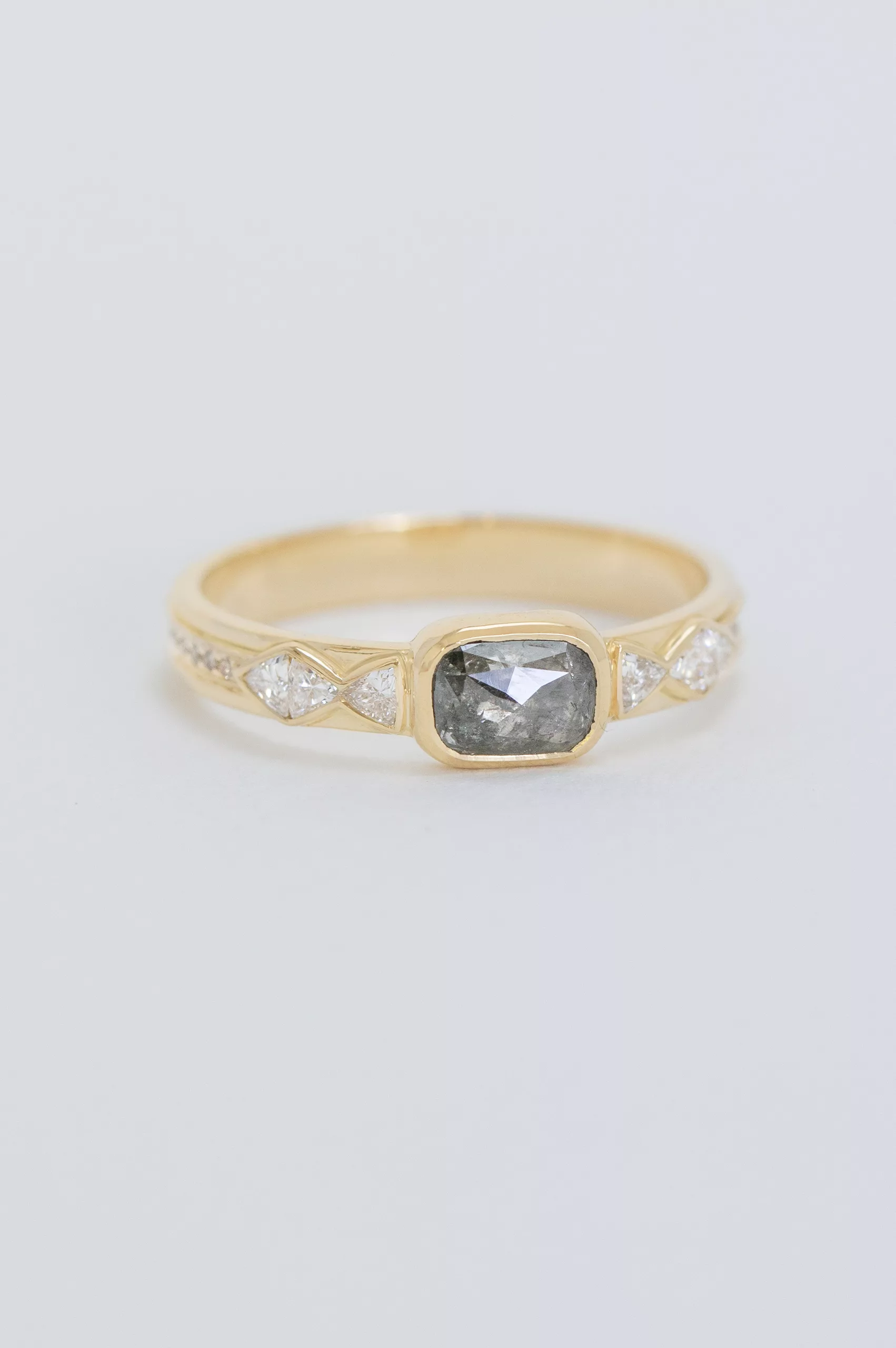 Yellow gold wide band ring cushion grey diamond geometric diamond side accents Celine Daoust