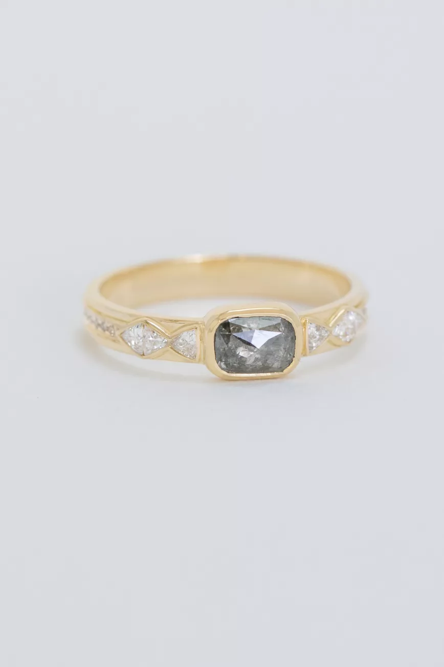 Yellow gold wide band ring cushion grey diamond geometric diamond side accents Celine Daoust