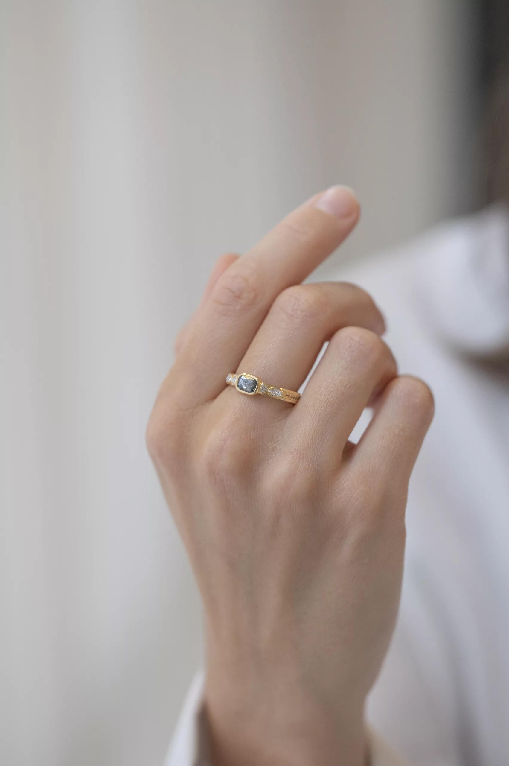 Yellow gold wide band ring cushion grey diamond geometric diamond side accents Celine Daoust