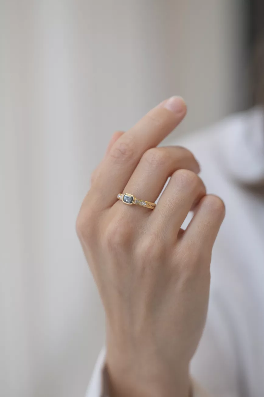 Yellow gold wide band ring cushion grey diamond geometric diamond side accents Celine Daoust