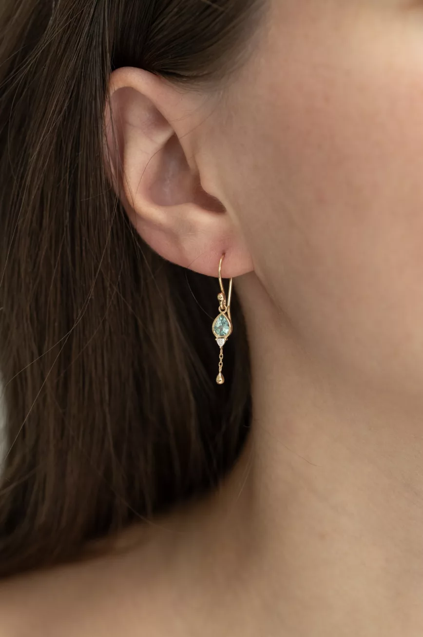 Yellow gold single wire earring pear turquoise tourmaline diamond ball drop Celine Daoust
