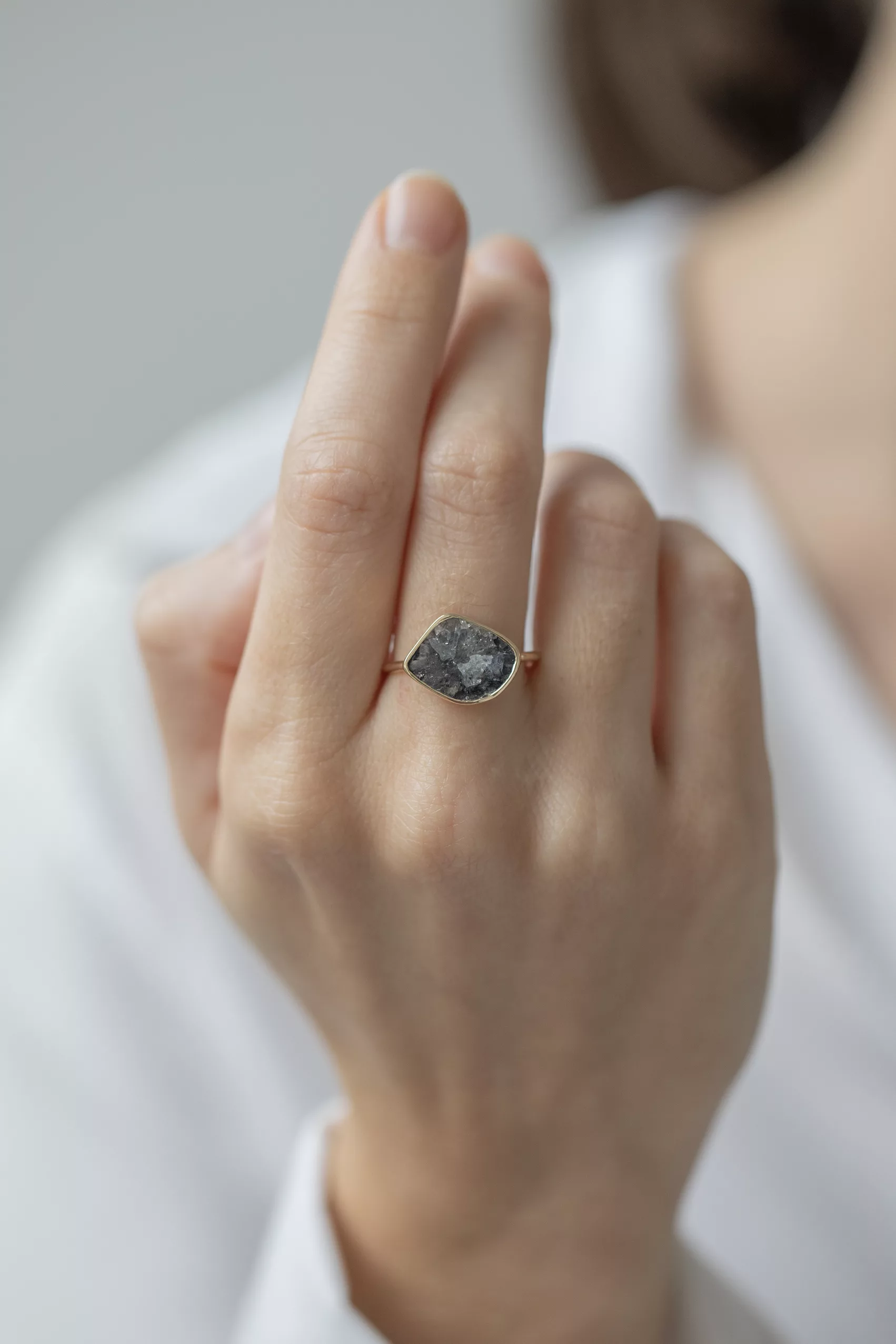 Yellow gold ring large freeform grey diamond open bezel slim band Celine Daoust