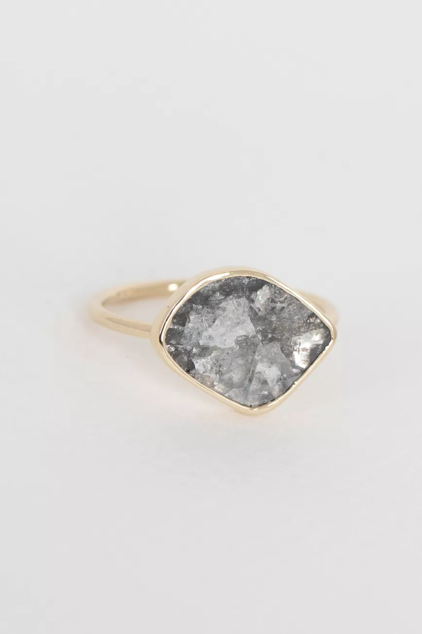 Yellow gold ring large freeform grey diamond open bezel slim band Celine Daoust