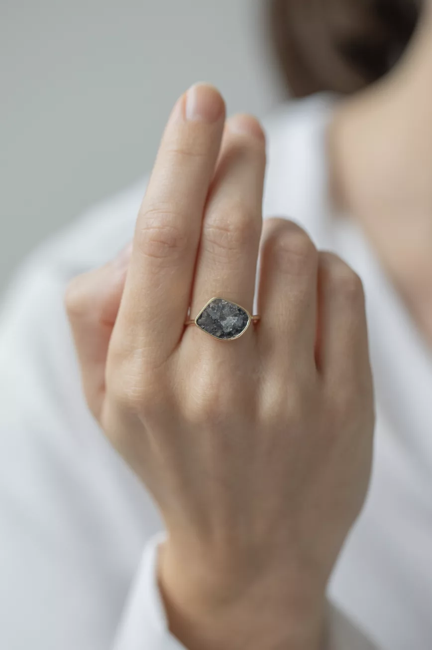 Yellow gold ring large freeform grey diamond open bezel slim band Celine Daoust