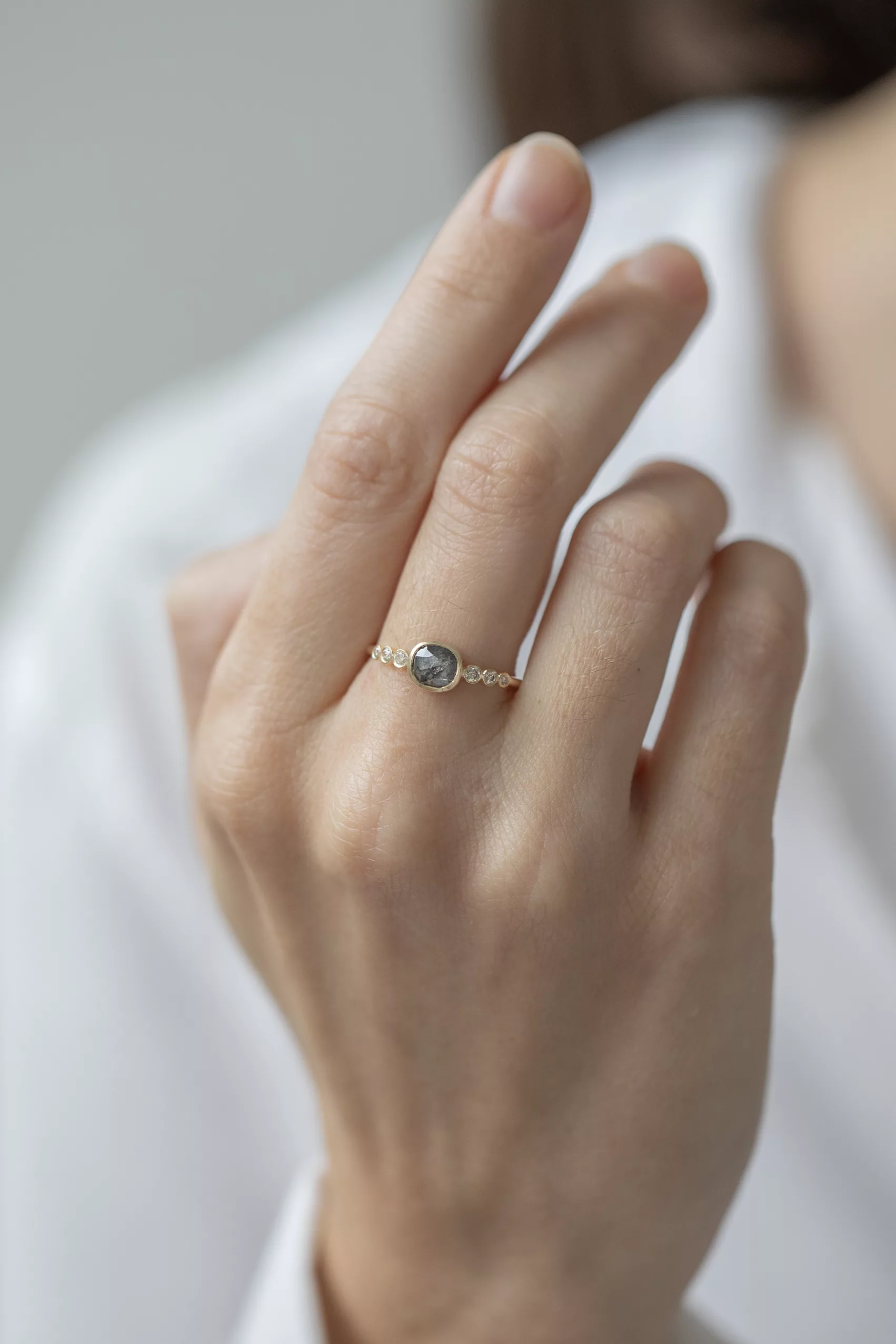 Yellow gold ring round grey diamond six bezel-set diamond accents Celine Daoust