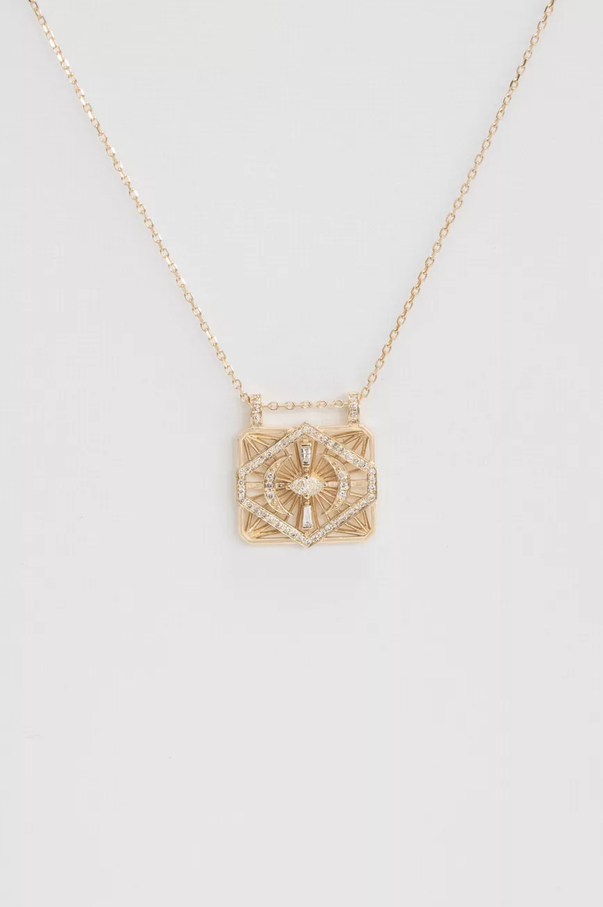Gold necklace open rectangle pendant diamond losange moon motifs Celine Daoust