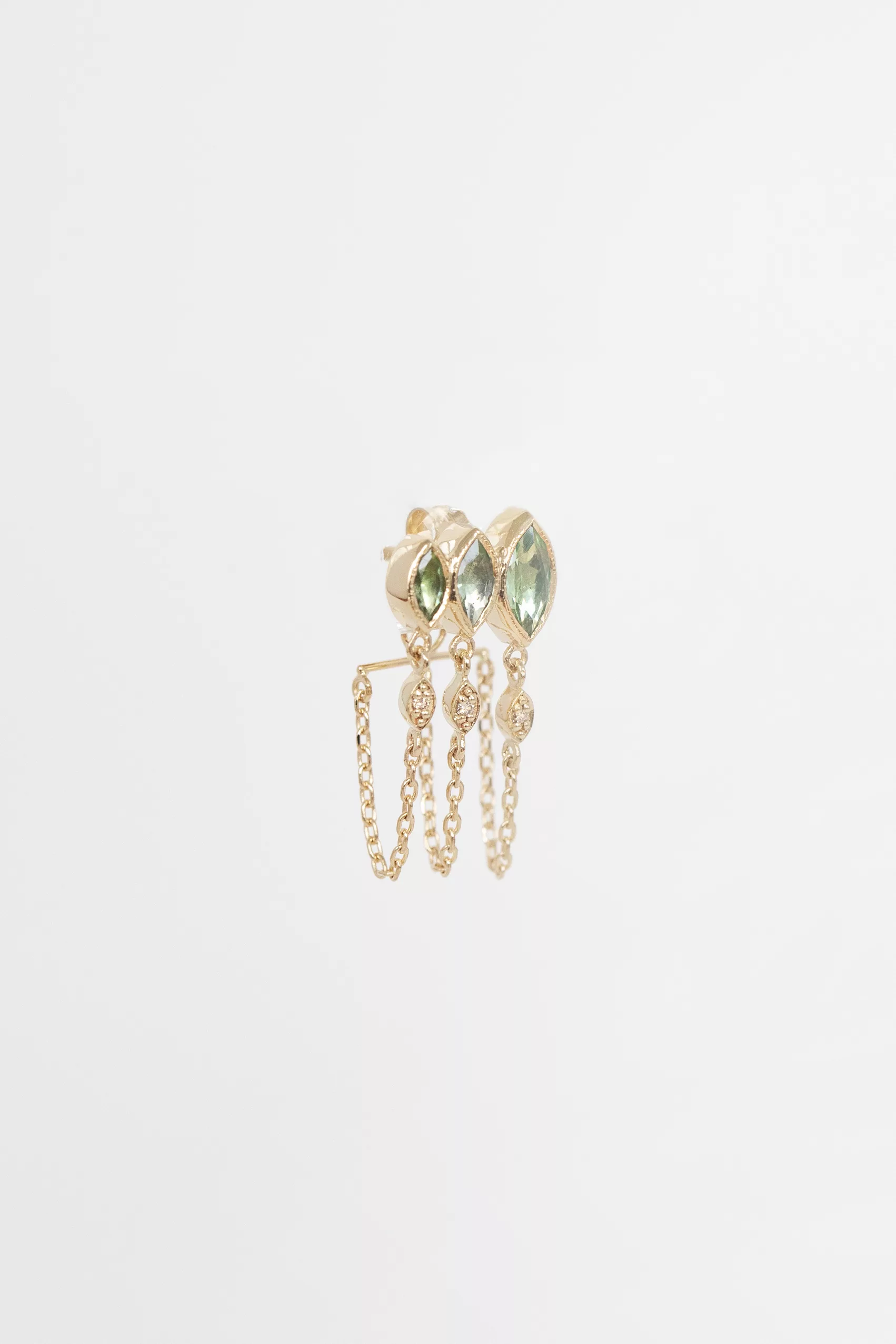 Yellow gold single stud earring marquise green tourmaline diamond chain fringe Celine Daoust