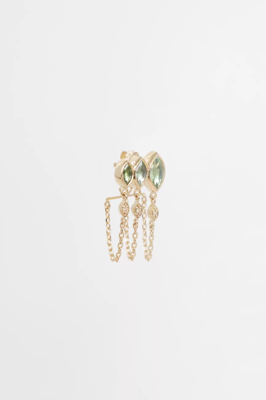 Yellow gold single stud earring marquise green tourmaline diamond chain fringe Celine Daoust