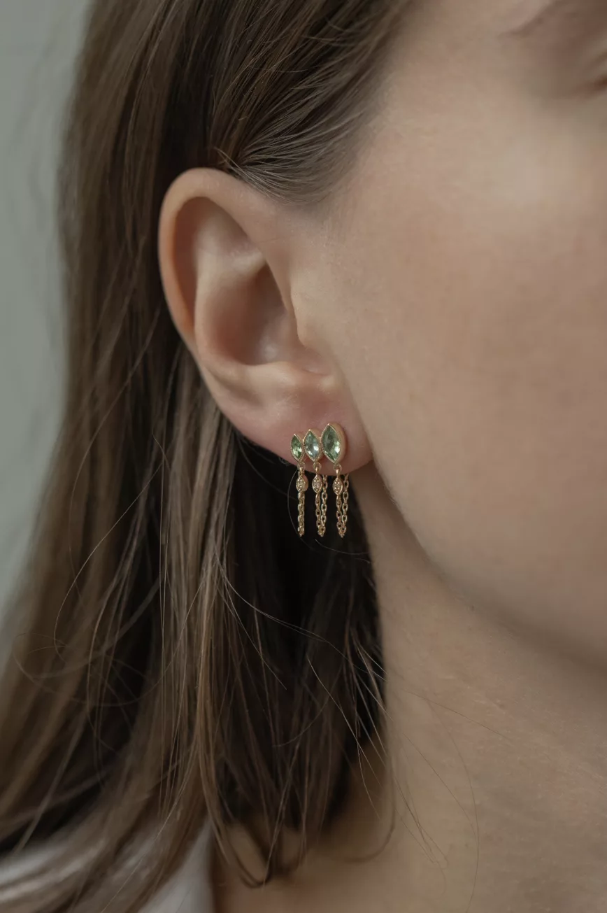 Yellow gold single stud earring marquise green tourmaline diamond chain fringe Celine Daoust